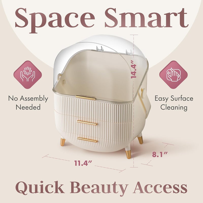 Oizeir Covered Makeup Cosmetic Countertop - Large Cosmetic Organizer - Trendy Oval Shape Storage for Skin Care Organizer - Clear Lid, Storage Drawers, Carry Handle - Cute Stylish Decor Solution (White) - Image 2